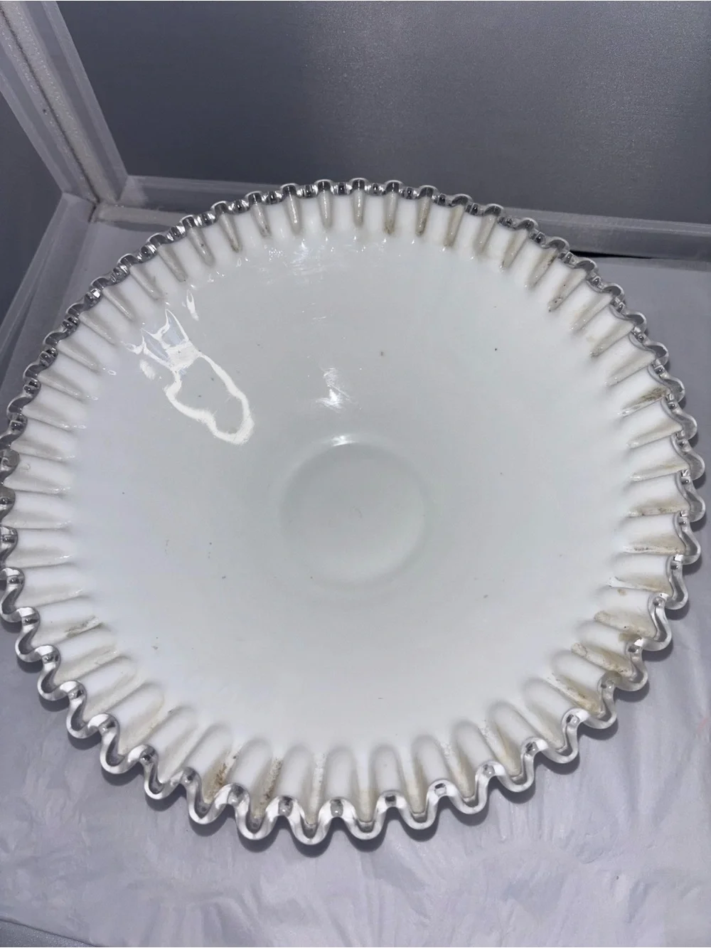 Fenton White Milk Glass Pedestal Bowl with Silver Ruffled Edge